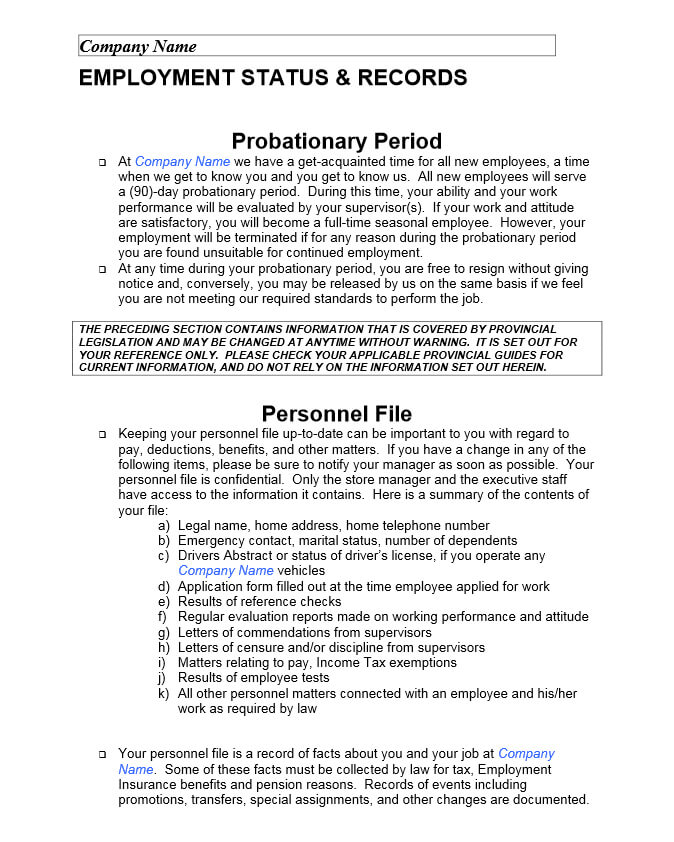 Sample page from employee handbook